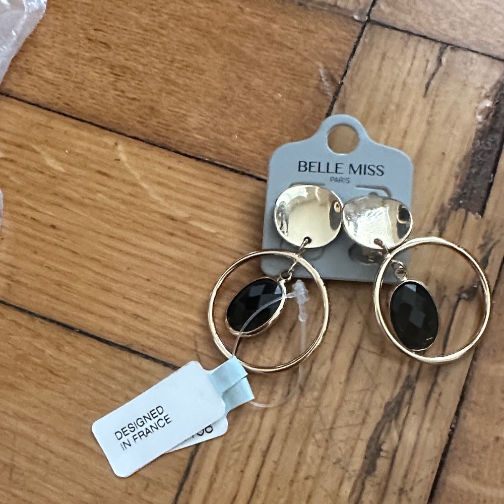 Gold Hoop Earrings with Black Oval Gem